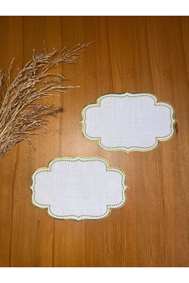 2 Pieces Linen Gold Color Beaded Simay Patterned Tray Cover