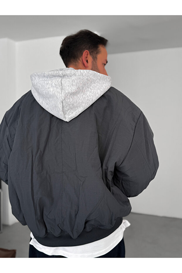 Antrasit Kapüşonlu Bomber Mont LNS-51103 - 4