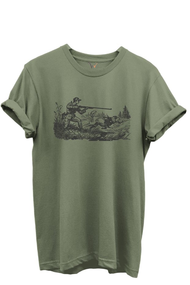 Outdoor Hunting Hunter and Hunting Dogs Patterned 100% Cotton Regular Fit Crew Neck Unisex T-Shirt