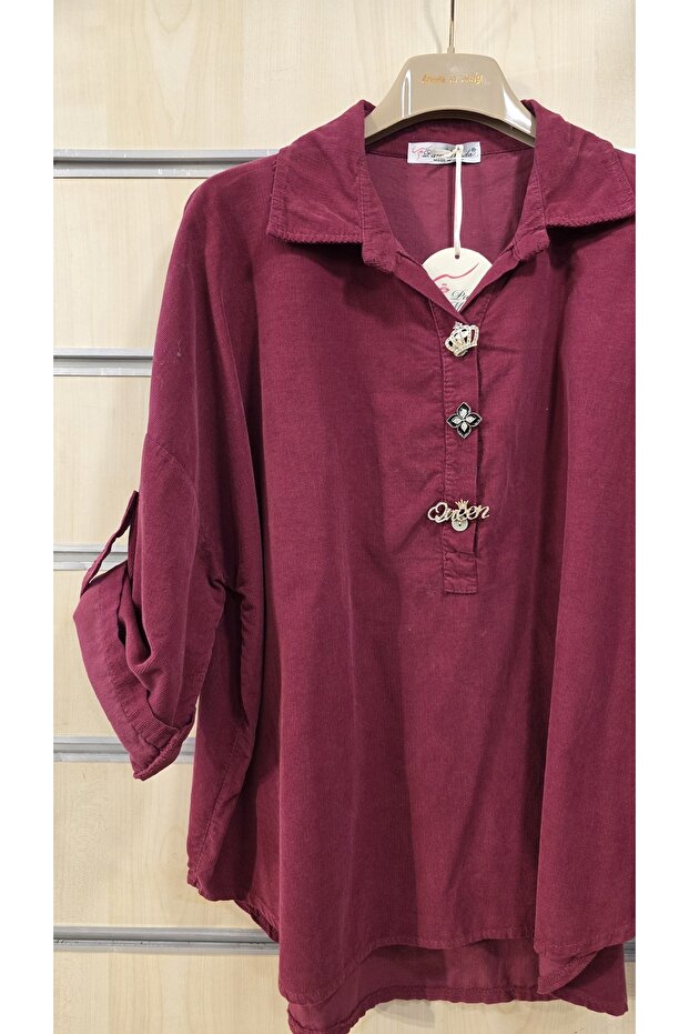 Broşlu Kadife Gömlek - 2