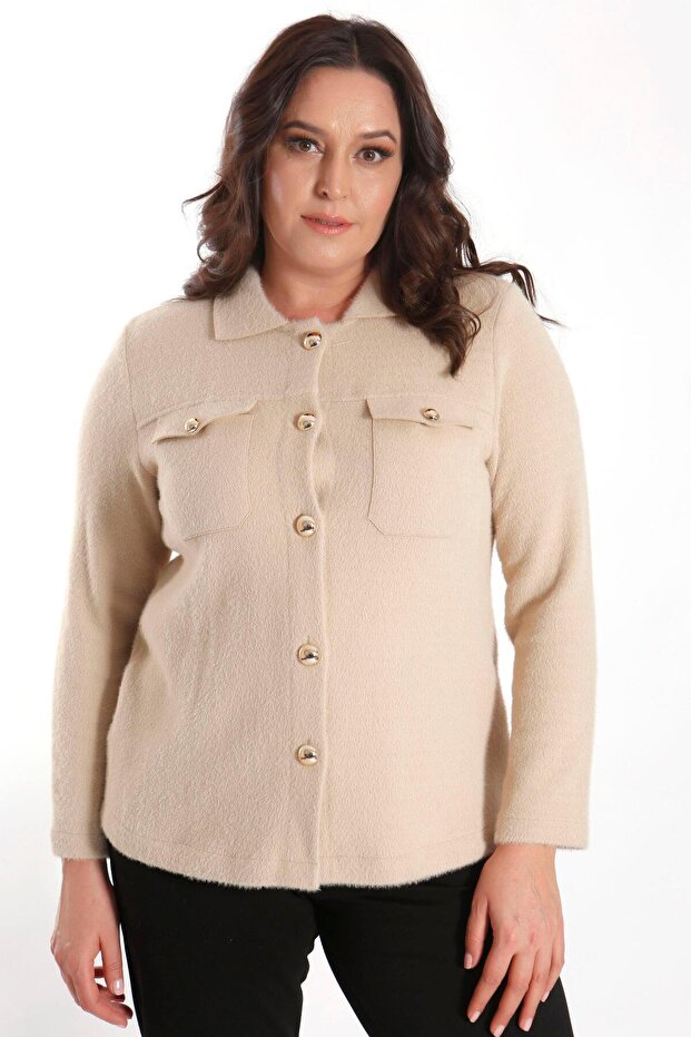 Trend42Plus Plus Size Pocket Detailed Knitwear Beige Jacket
