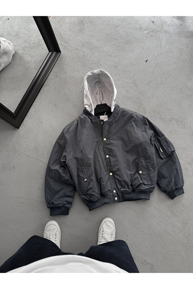 Antrasit Kapüşonlu Bomber Mont LNS-51103 - 5