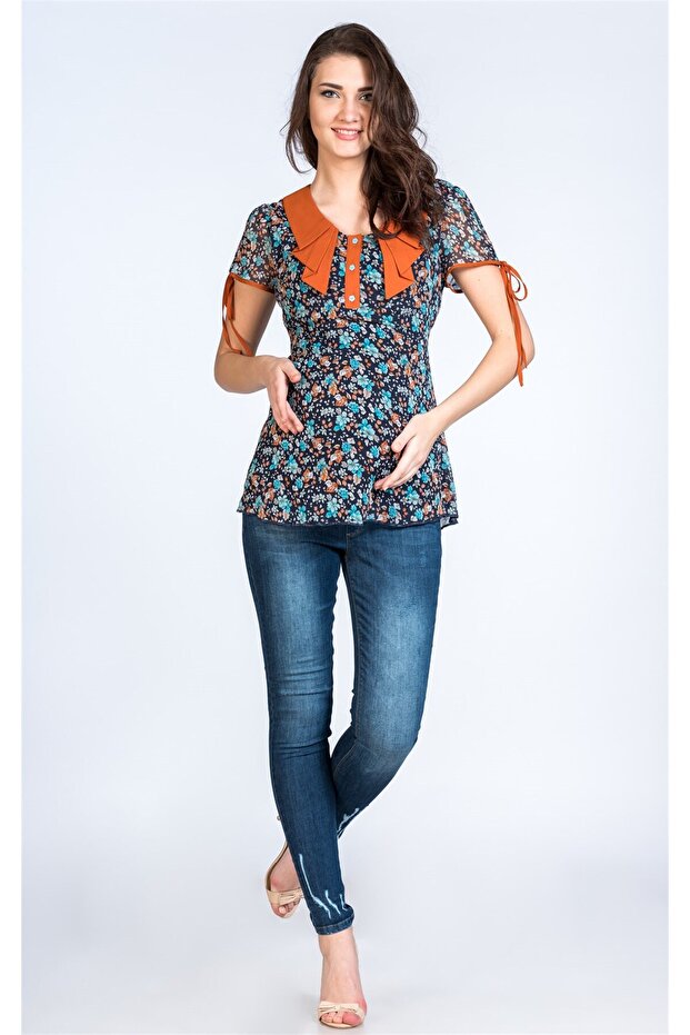 Maternity Blouse Button Collar Pattern Printed Dark Blue - 1