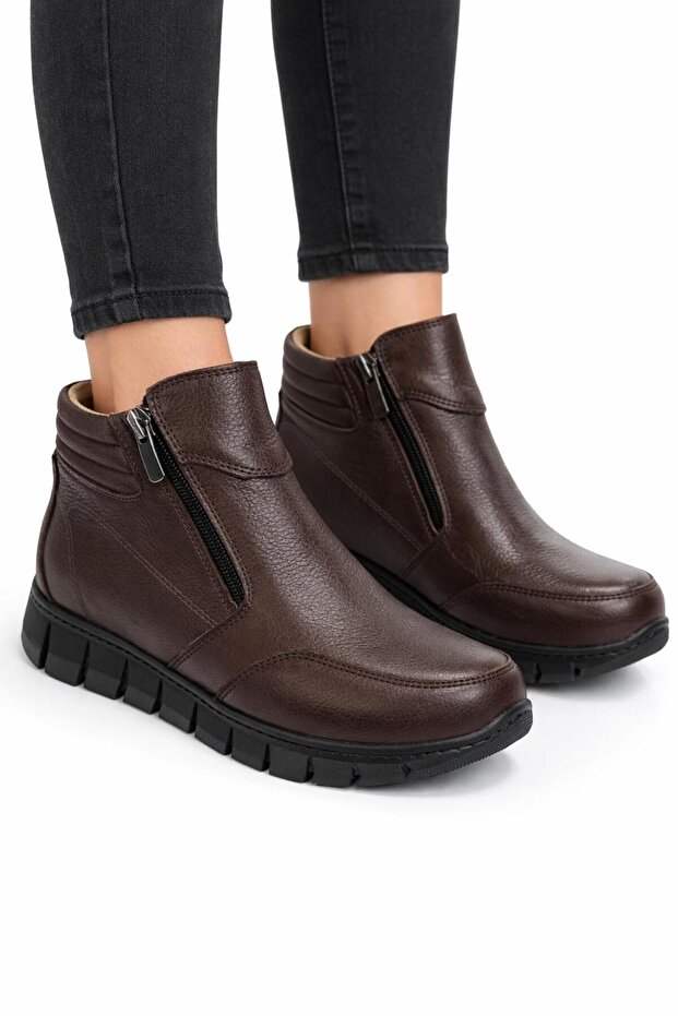 Genuine Leather with Fur Inside, Double Zipper, Soft Leather Women's Boots
