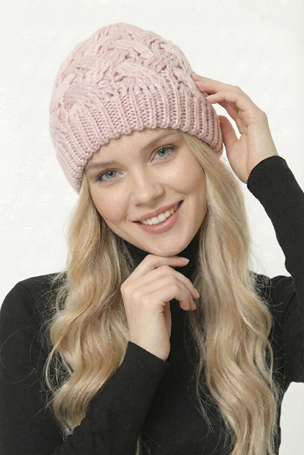 Women's Pink Color Hair Braid Patterned Winter Knitwear Beanie - Soft Textured Warm Hat