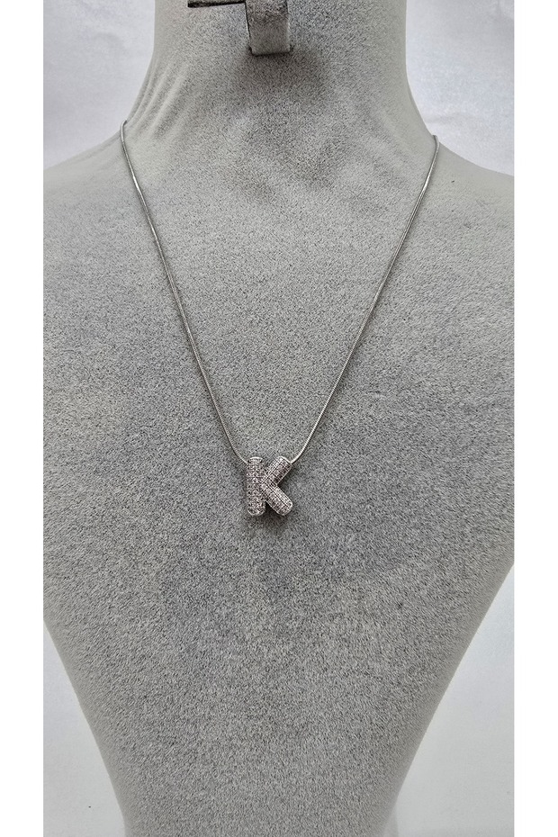 Stainless Steel Silver Color Zircon Stone Small Letter Necklace -K- Letter