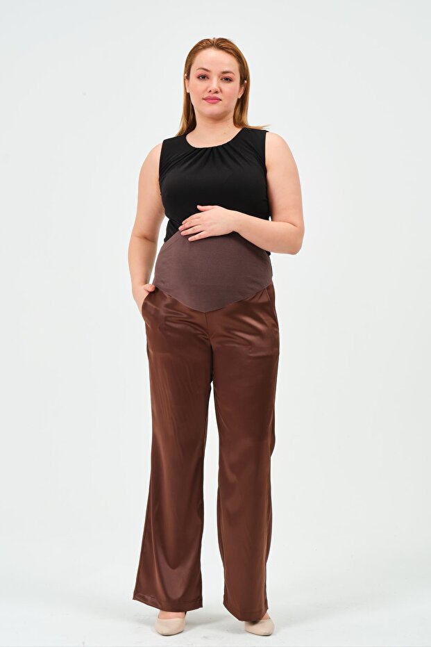Maternity Stretchy Waistband Adjustable Satin Wide Leg Pants Brown