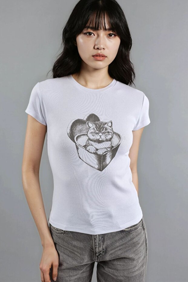 BUSEM Baskılı Fitted Bisiklet Yaka Kısa Üst - 7