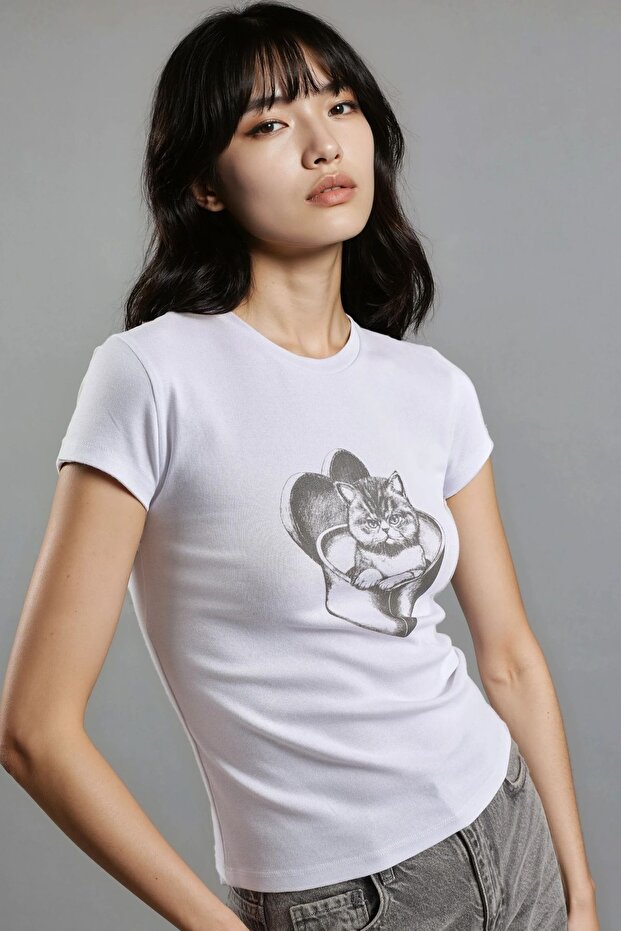 BUSEM Baskılı Fitted Bisiklet Yaka Kısa Üst - 5