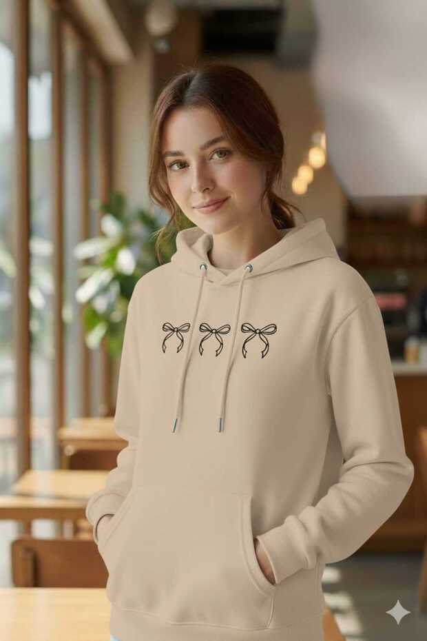 Women's Ribbon Printed Beige Hooded Sweatshirt -Hoodie