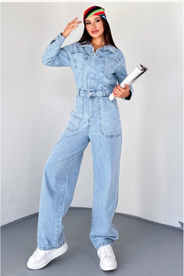 Women's Premium Quality Long-Sleeved Buttoned Loose Salopet Jumpsuit Blue
