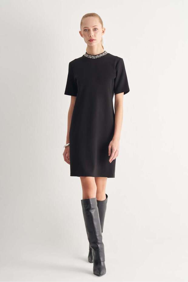 Taş İşlemeli Midi Elbise - 1