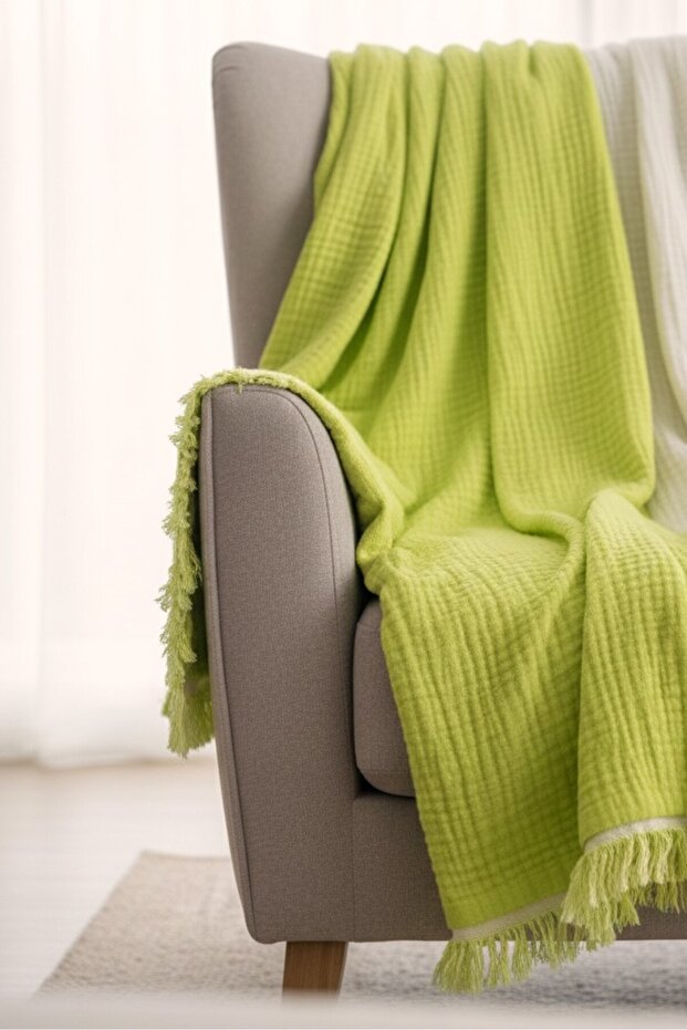 100% Organic Cotton 4-Layer Muslin Sofa Throw - Tv Blanket - Double-Sided Decorative Cover (90X200)