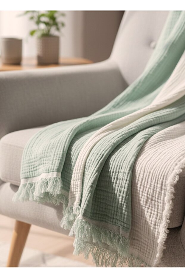 100% Organic Cotton 4-Layer Muslin Sofa Throw - Tv Blanket - Double-Sided Decorative Cover (90X200)