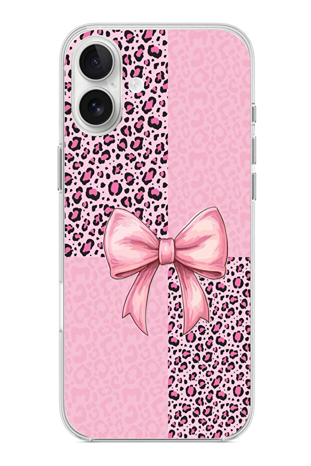 iPhone 16 Plus Compatible Pink Leopard Pattern and Ribbon Printed Silicone Case - 1