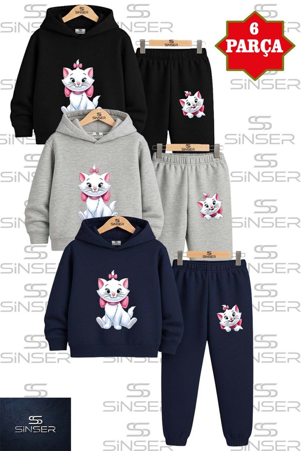 Children's 3-Piece Set'Sitting with a Cat Ribbon' 3-Piece Hooded Tracksuit Set