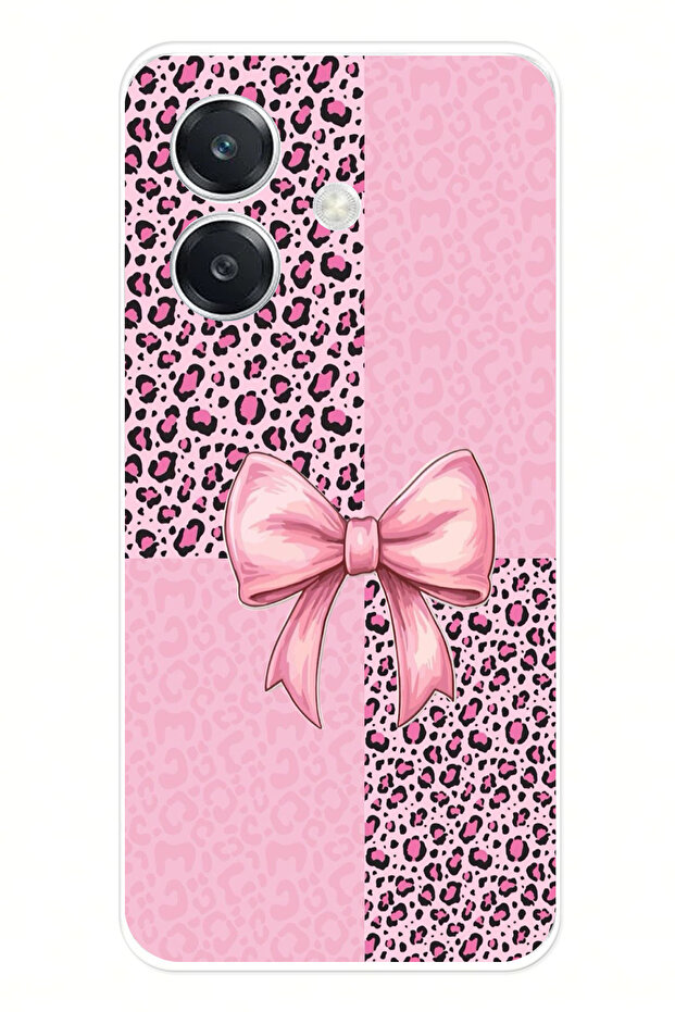 Oppo A3 Compatible Pink Leopard Pattern and Ribbon Printed Silicone Case - 1