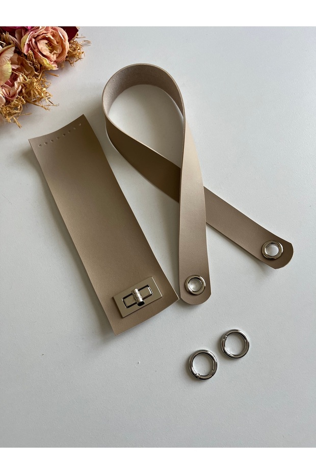 Bird-Eye Strap and Cover Set Made of Faux Leather for Knitted Bags, Silver Color Metallic