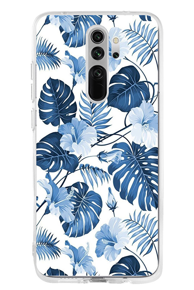 حافظة سيليكون مطبوع متوافقة مع هاتف Redmi Note 8 Pro بنمط أوراق الشجر الزرقاء والزهور - 1