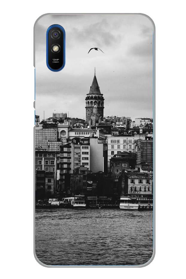 حافظة سيليكون مطبوع متوافقة مع هاتف Redmi 9A مع إطلالة على برج غالاتا والبحر