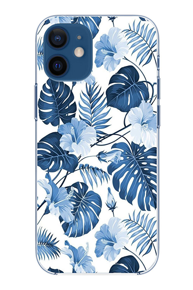 حافظة سيليكون مطبوع متوافقة مع هاتف iPhone 12 Mini بنمط أوراق الشجر الزرقاء والزهور - 1