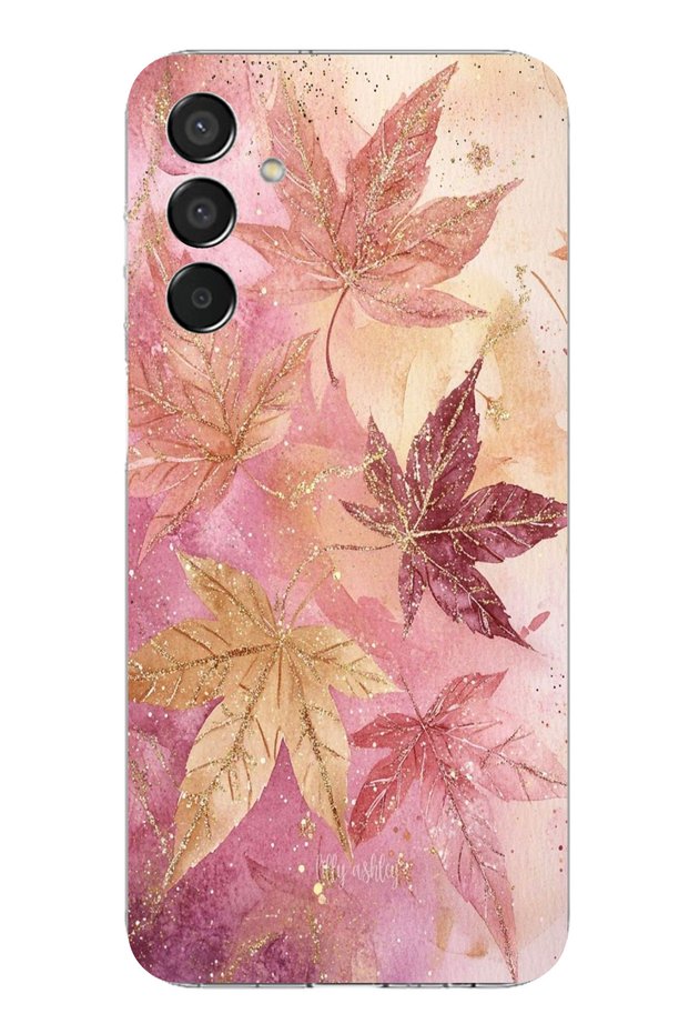 Samsung Galaxy M15 Compatible Pink and Burgundy Tone Leaf Printed Silicone Case