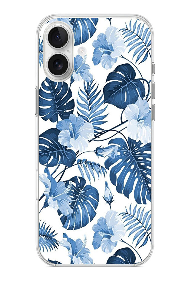 حافظة سيليكون مطبوع متوافقة مع هاتف iPhone 16 PLUS بنمط أوراق الشجر الزرقاء والزهور - 1