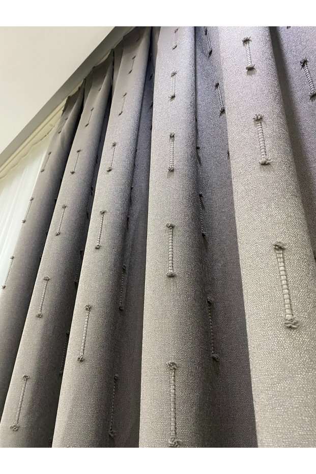 Prague Gray Color Linen Pom-Pom Background Curtain – Medium Pleated (1/2.5) Draped Fabric