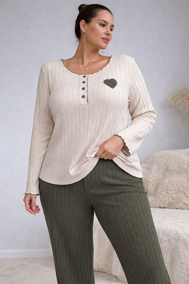 Hímzett zöld pamut szív részletes pizsama szett - 2