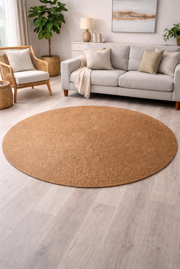 Jute-Wicker-Black Color, Living Room, Living Room, Entrance, Hall, Kitchen, Round - Double Sided Carpet Rug Mat.