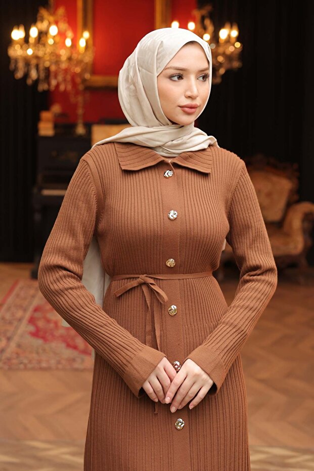 Taba Düğmeli Triko Elbise - 5