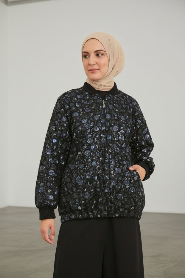 Women's Sequined Shiny Flower Detailed Zippered Cardigan