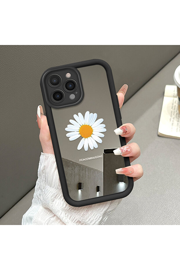 حافظة سيليكون سوداء مقاومة للسقوط متوافقة مع هاتف iPhone 16 Pro Max بأنماط زهور ذات وجه مرآة - 1