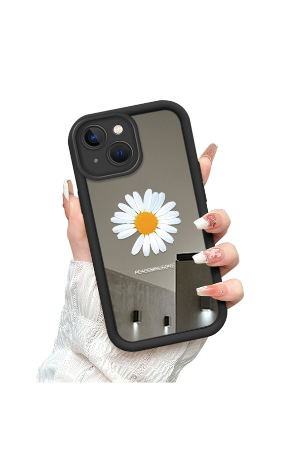 حافظة سيليكون سوداء مقاومة للسقوط متوافقة مع هاتف iPhone 15 بأنماط زهور ذات وجه مرآة - 4