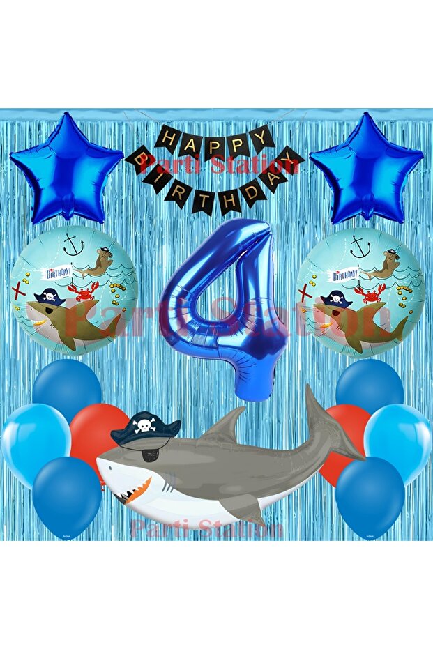 Pirate Shark Themed 4Th Birthday Balloon Set & Happy Birthday Banner & Curtain Set