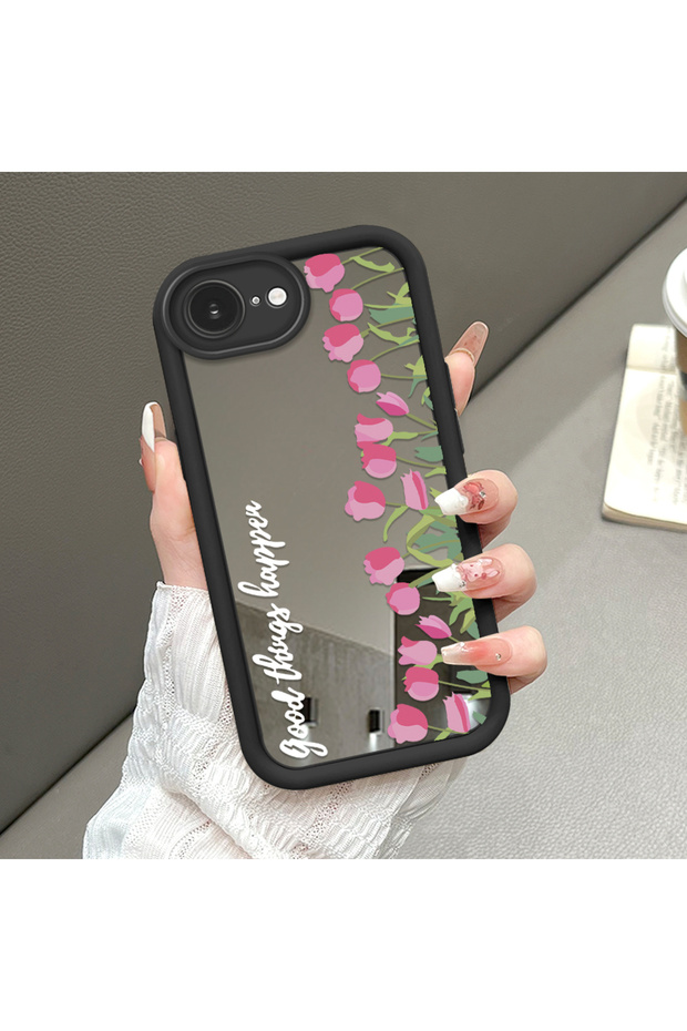 حافظة سيليكون سوداء مقاومة للسقوط متوافقة مع iPhone 16e بأنماط زهرة التوليب ذات الوجه المرآة - 1