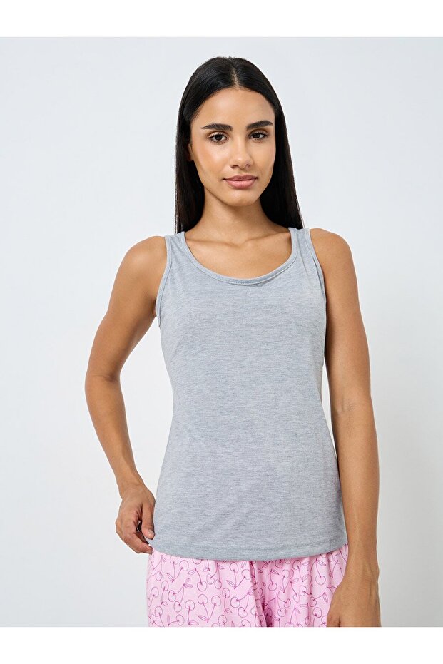 Solid Vest and Cherry Print Pyjama Set - 3