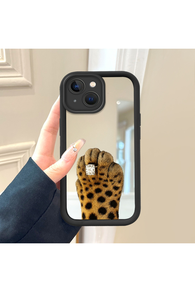iPhone 14 Plus Compatible Fall Resistant Black Silicone Case Mirror Faced Leopard Patterns - 2