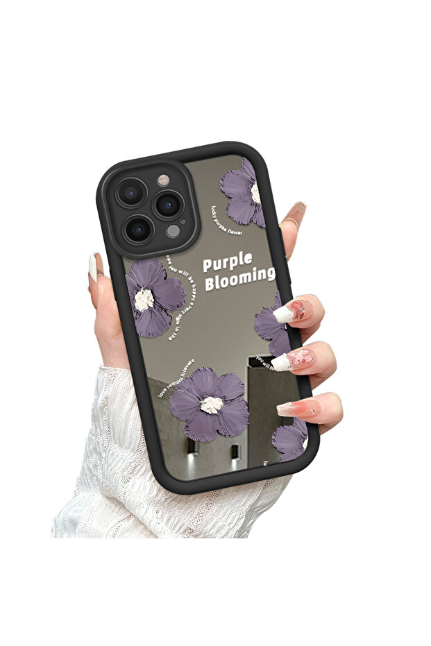 حافظة من السيليكون الأسود المتوافقة مع هاتف iPhone 14 Pro Max، مقاومة للسقوط، بأنماط زهور ذات وجه مرآة - 3
