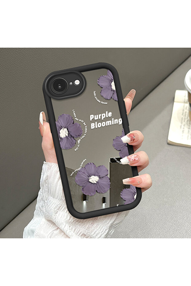 حافظة سيليكون سوداء مقاومة للسقوط متوافقة مع iPhone 16e بأنماط زهور ذات وجه مرآة - 1