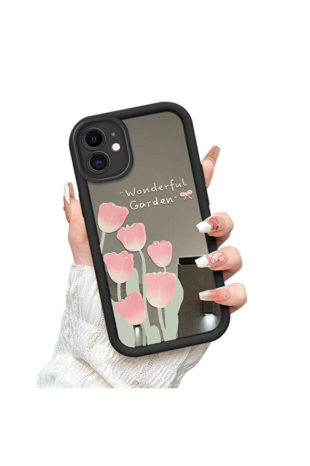 حافظة من السيليكون الأسود المقاوم للسقوط متوافقة مع هاتف iPhone 12، بأنماط زهرة التوليب ذات الوجه المرآة - 3