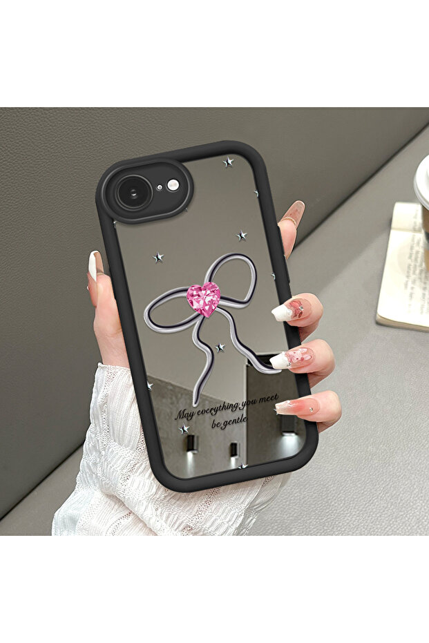iPhone 16E Compatible Drop-Resistant Black Silicone Case with Mirror Surface and Ribbon Patterns