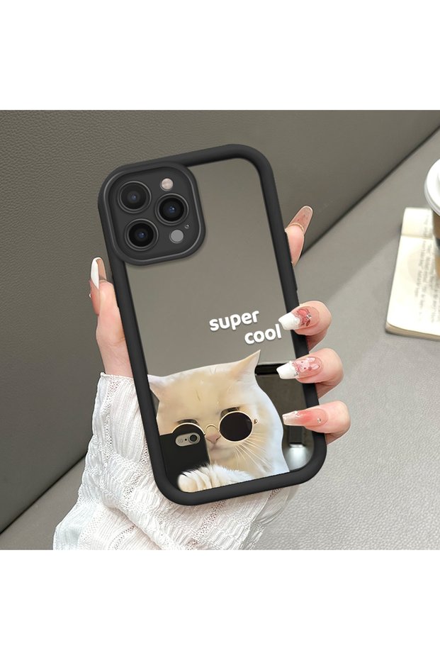 iPhone 15 Pro Compatible Drop-Resistant Black Silicone Case with Mirror Surface and Evil Cat Patterns