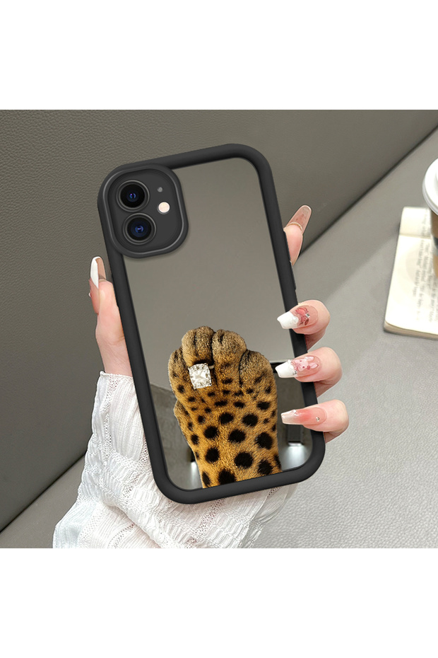 حافظة سيليكون سوداء مقاومة للسقوط متوافقة مع هاتف iPhone 11 بأنماط مرآة على شكل فهد - 1