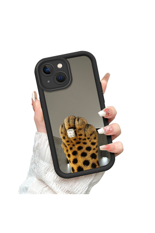 iPhone 14 Plus Compatible Fall Resistant Black Silicone Case Mirror Faced Leopard Patterns - 3