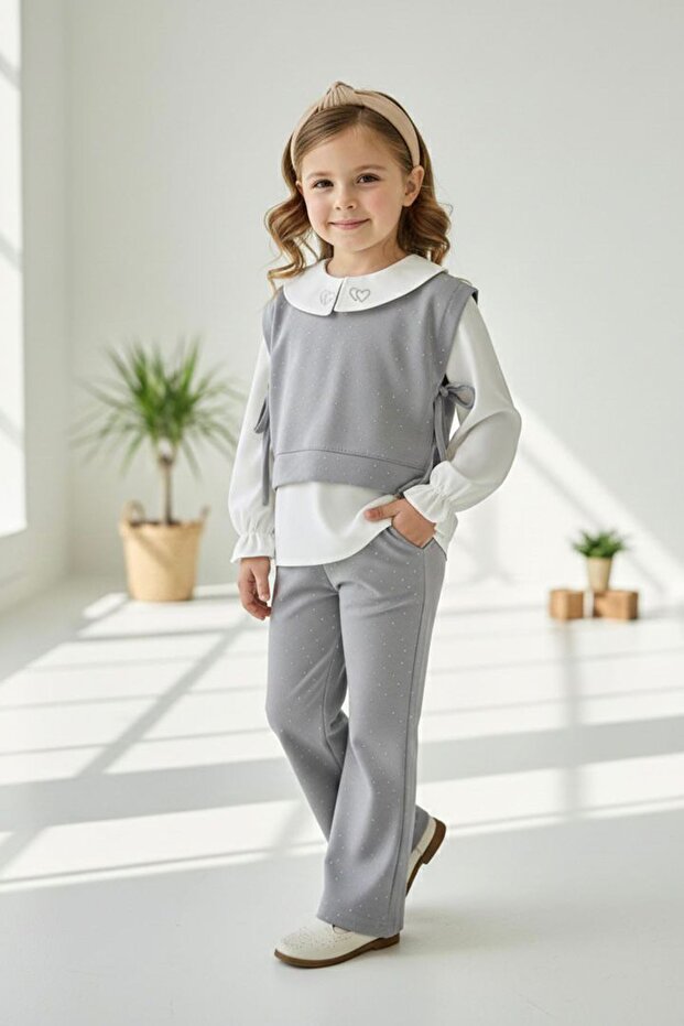 My Little Girl's Heart Patterned Stone 3-Piece Girl's Set - Gray