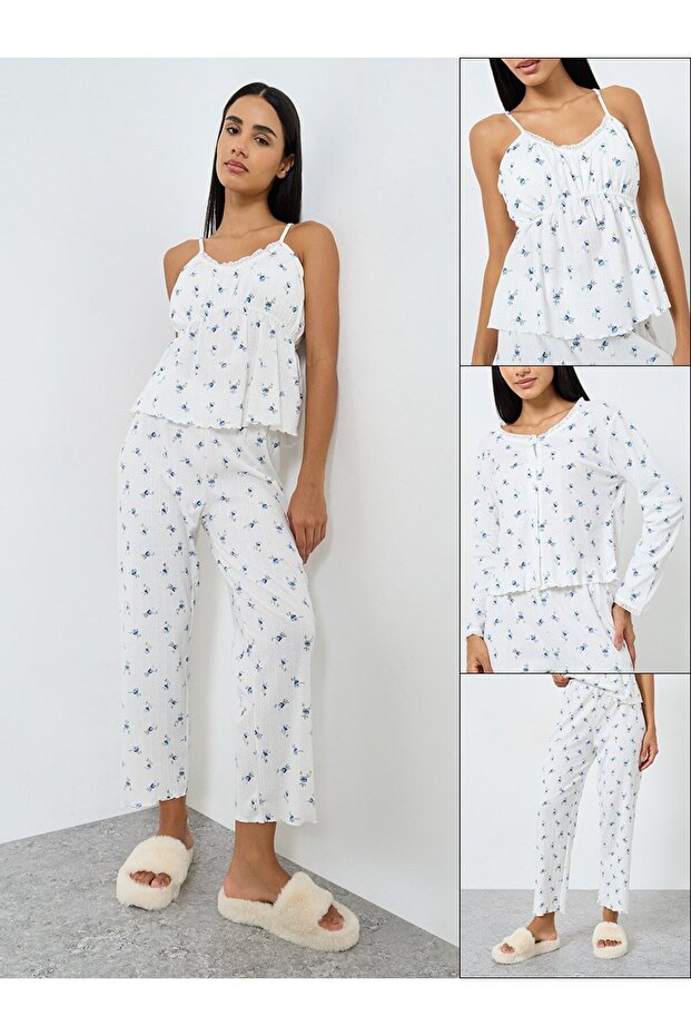 Pack of 3 - Ditsy Floral Ruched Front Lace Detail Cami, Shirt and Pyjama Set