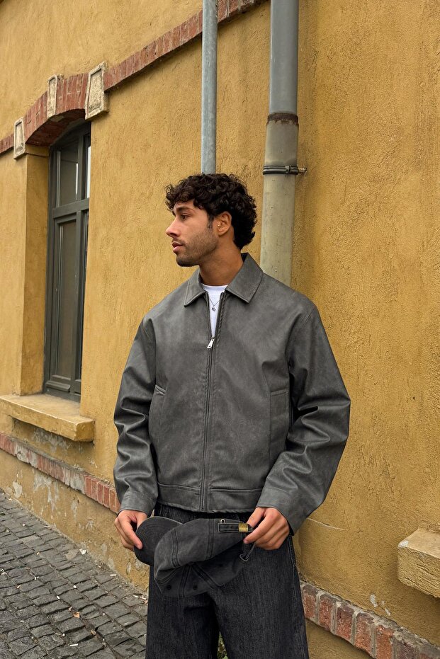 Basic Deri Ceket Haki - 1