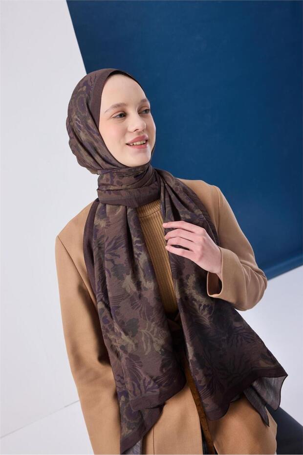 Viscose Blended Mayda Shawl Dark Mink-Brown Patterned Tok Duruşlu 190X70