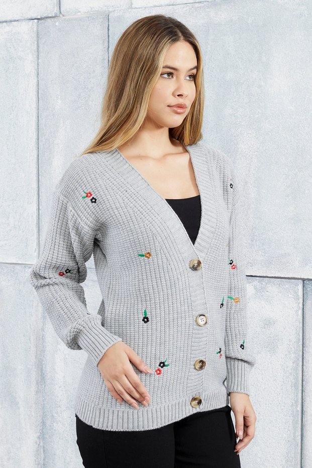 Women's Knitwear Cardigan Flower Standard Size Gray